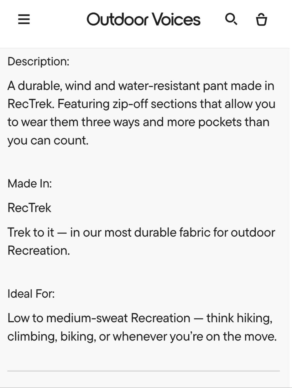 NWT Outdoor Voices Zip-Off RecTrek Pants S - Picture 10 of 10